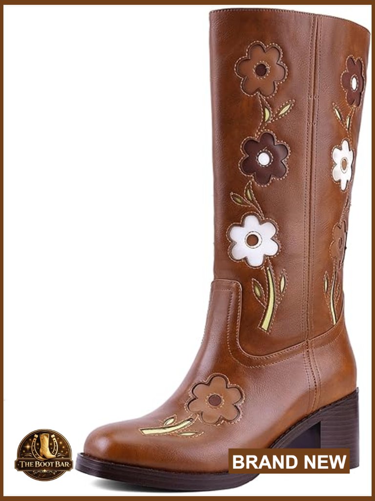 Floral Embroidered Knee High Boots Chunky Heel Square Toe Vegan Leather